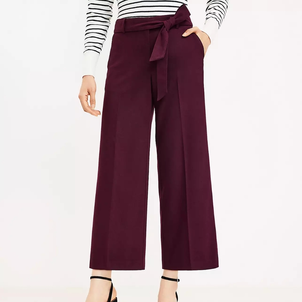 (NWT) LOFT Belted Wide High Waist Crop Pants In Herringbone, Sz 0 Regular